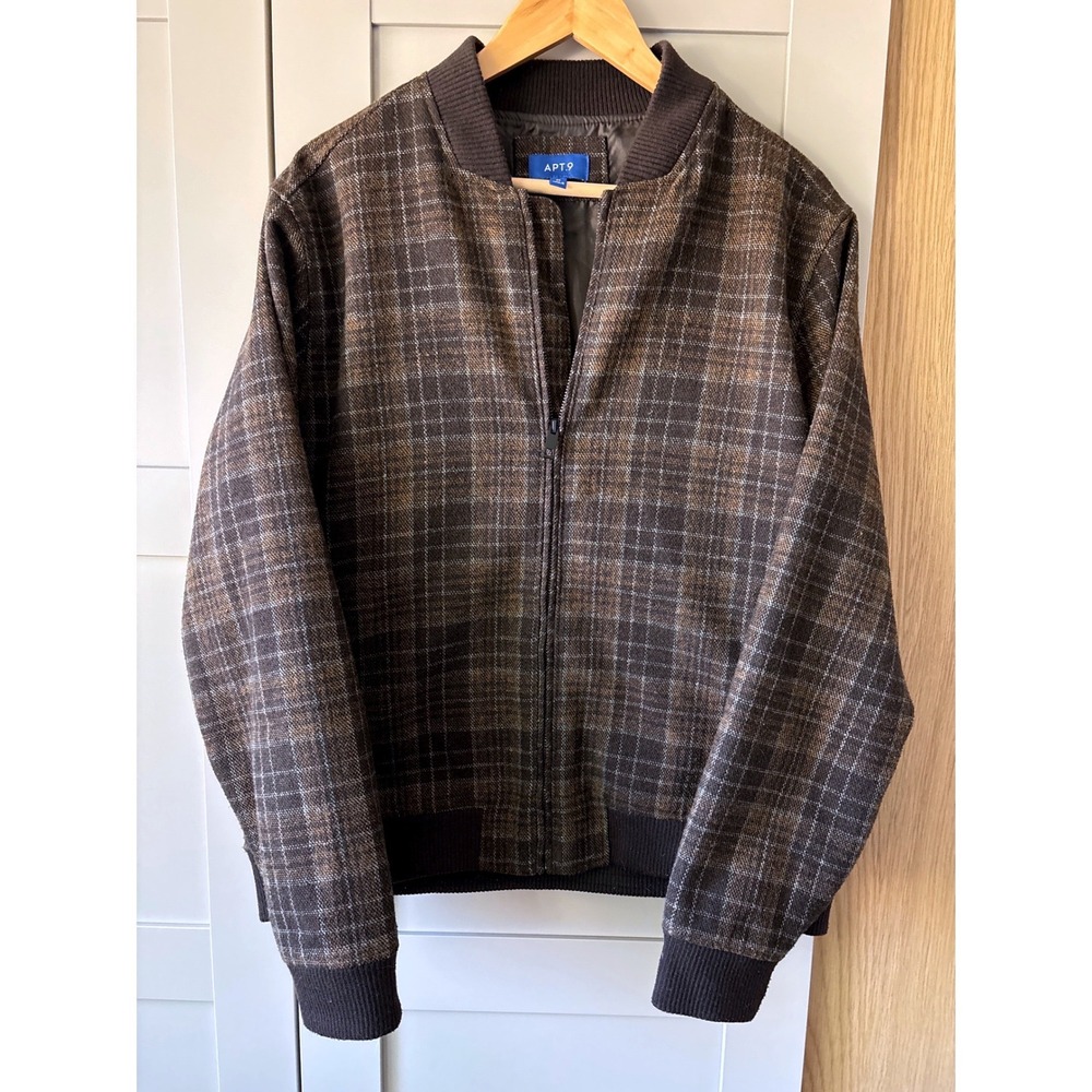 Apt. 9 Mens Brown Plaid Wool Blend Full Zip Bomber Jacket Medium